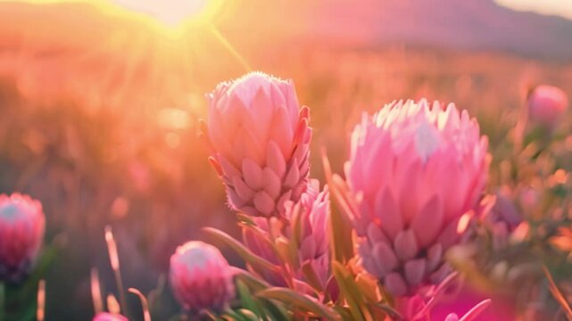 Pink protea flowers bloom in the golden light of sunset, showcasing the vibrant beauty of South African flora.