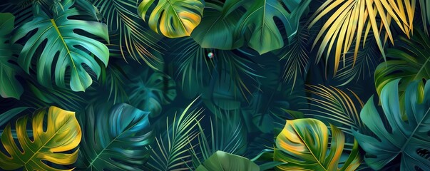 tropical leaves flat design closeup front view jungle theme water color vivid