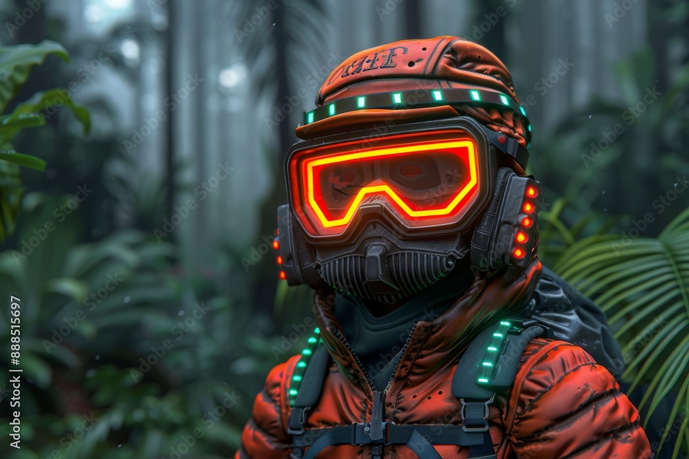 Poster futuristic portrait of man in red helmet with neon accents creating a bold and hightech visual