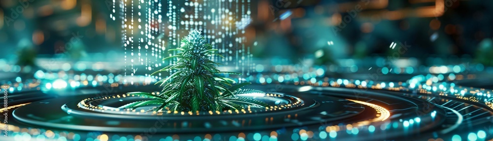 Poster a digital futuristic representation of a blockchain data network illuminated with vibrant lights, sh