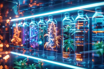 Futuristic hydroponic system with glowing plants in transparent containers, showcasing advanced technology and controlled plant growth.