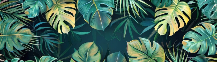 tropical leaves flat design philodendron top view tropical garden theme cartoon drawing colored pastel