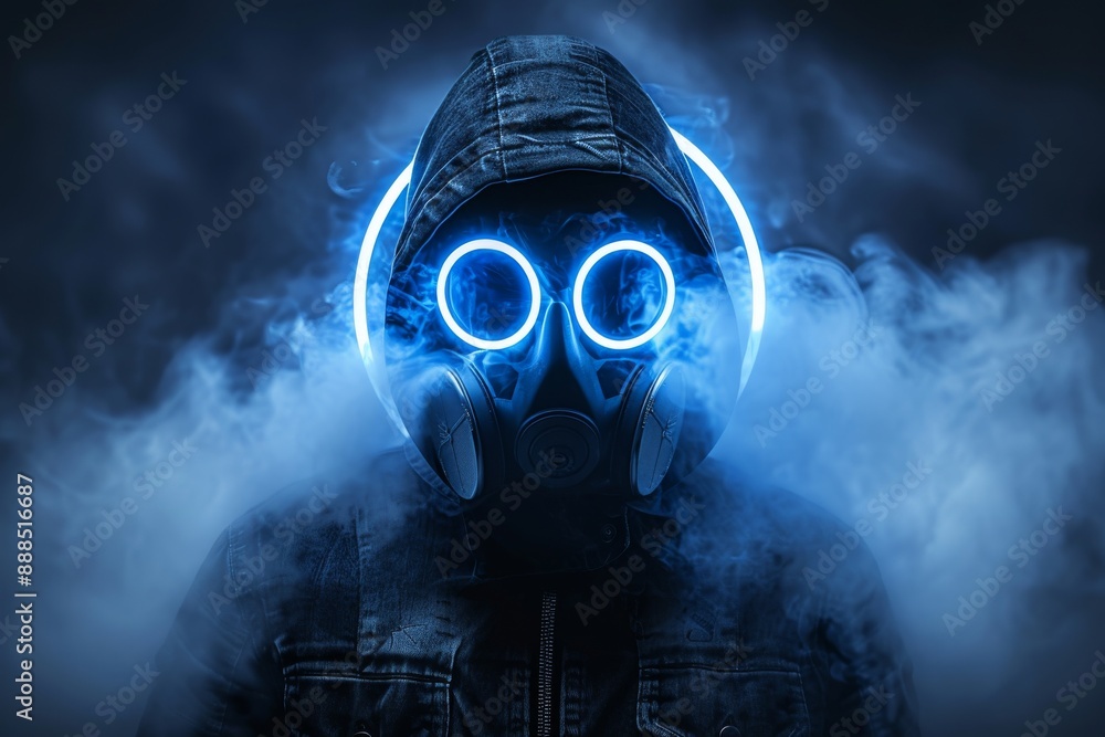 Poster futuristic portrait of man with glowing blue mask creating a bold and hightech visual
