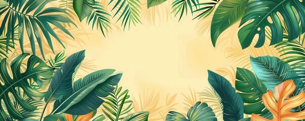 tropical leaves flat design background side view rainforest scenery theme cartoon drawing Triadic Color Scheme
