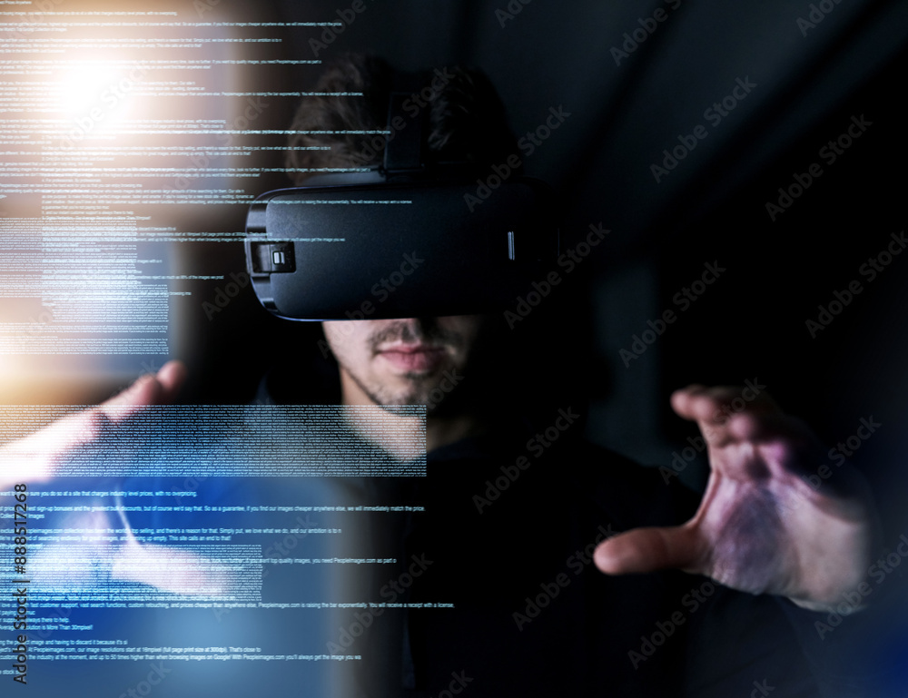 Poster person, virtual reality and hands with hologram overlay for code, it and futuristic ux in night. pro