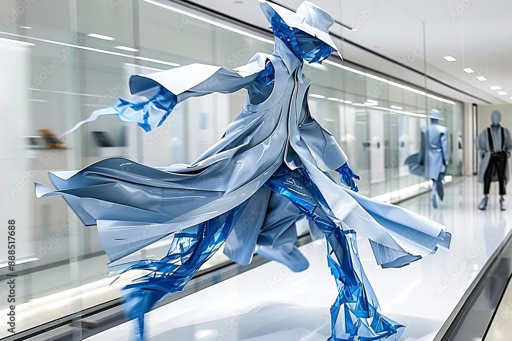 Poster futuristic blue mannequin in modern setting creating a bold and hightech visual