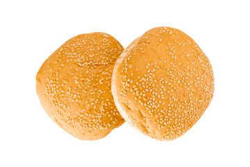 Top view of burger bun with sesame seeds isolated on white background with clipping path.