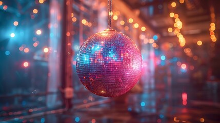  Disco ball sphere with colorful disco lights for party nights , wallpaper background with copy space 