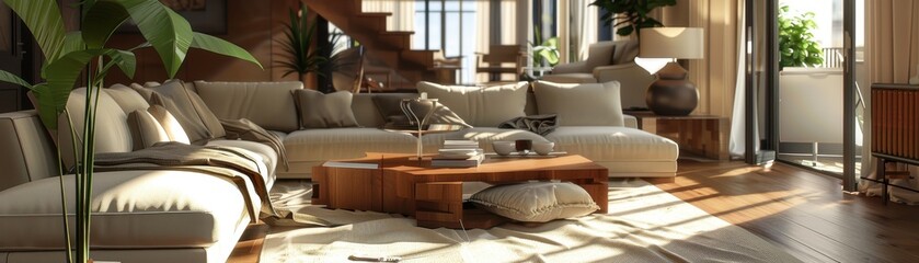Fototapeta premium Contemporary home interior, modern design, detailed furnishings, realistic setting, high resolution, home insurance assurance