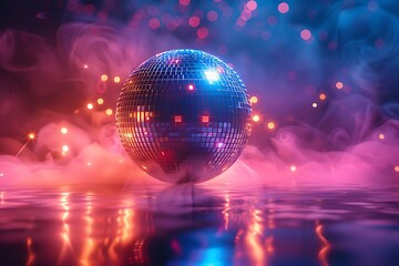 Obraz premium Disco ball sphere with colorful disco lights for party nights , wallpaper background with copy space 