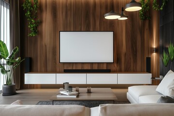 Modern living room with TV on wooden wall and stylish furniture minimalist home decor concept