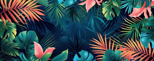 Obraz premium tropical leaves flat design palm front view tropical paradise theme cartoon drawing Splitcomplementary color scheme