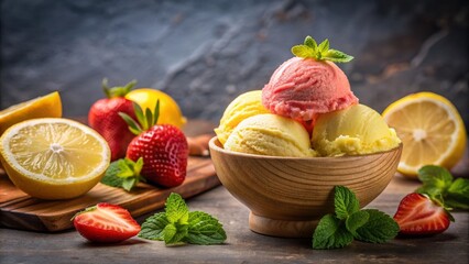 Sweet and refreshing ice cream with lemon and strawberry flavors , dessert, refreshing, creamy, cold, scoop, summer, treat