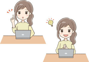黄色い服を着た女性がパソコン前で何かを閃く