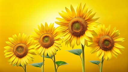 Obraz premium Four bright yellow sunflowers at different angles isolated on background, sunflower, yellow, floral, nature, summer, vibrant