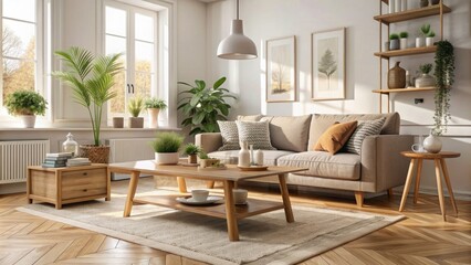 Fototapeta premium Cozy Scandinavian living room with wooden coffee table displaying products, Scandinavian, cozy, living room
