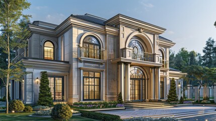 Fototapeta premium Building a home with classic design, detailed architecture, realistic setting, high resolution, buyer attraction