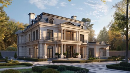 Classic house model, detailed design, integrated home security, realistic background, high resolution, timeless architecture