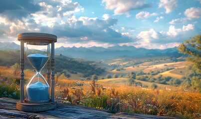  Slow life background with copy space, slowlife with an hourglass and a calm field backdrop 