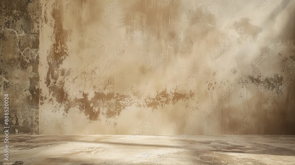 Poster minimalistic brown concrete studio backdrop with natural lighting for product display on rustic plas