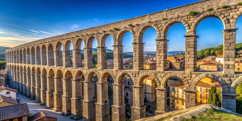 Ancient Roman aqueduct of Segovia under clear blue sky casting strong shadows, from a side angle, with a historic feel