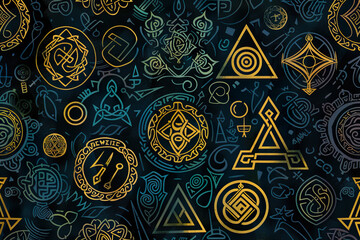 A gold and black patterned background with a circle in the middle, generative ai image.