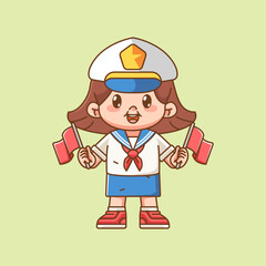 Cute girl wear sailor uniform holding two flag kawaii chibi character mascot illustration