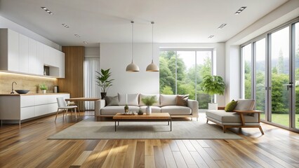Fototapeta premium Modern minimalistic house interior with white walls, hardwood floors