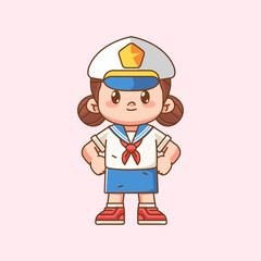 Cute girl wear sailor uniform stand pose kawaii chibi character mascot illustration outline style design