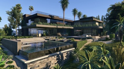 Obraz premium Sleek contemporary house, integrated security systems, realistic setting, high resolution, engaging modern architecture