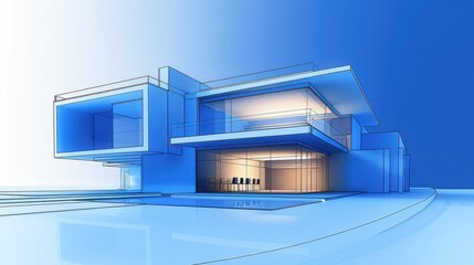3D modern house model, blueprint style, futuristic design, sleek lines, digital rendering, soft lighting, neutral background, high resolution
