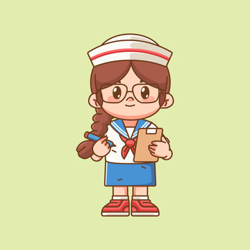 recommend clip art: Cute girl wear sailor uniform take notes kawaii chibi character mascot illustration