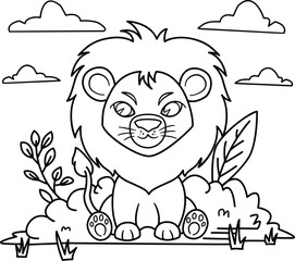 Vector hand drawn cute lion coloring book illustration for kids