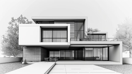 Modern house blueprint, sleek contemporary design, home security systems, realistic setting, high resolution, architectural detail