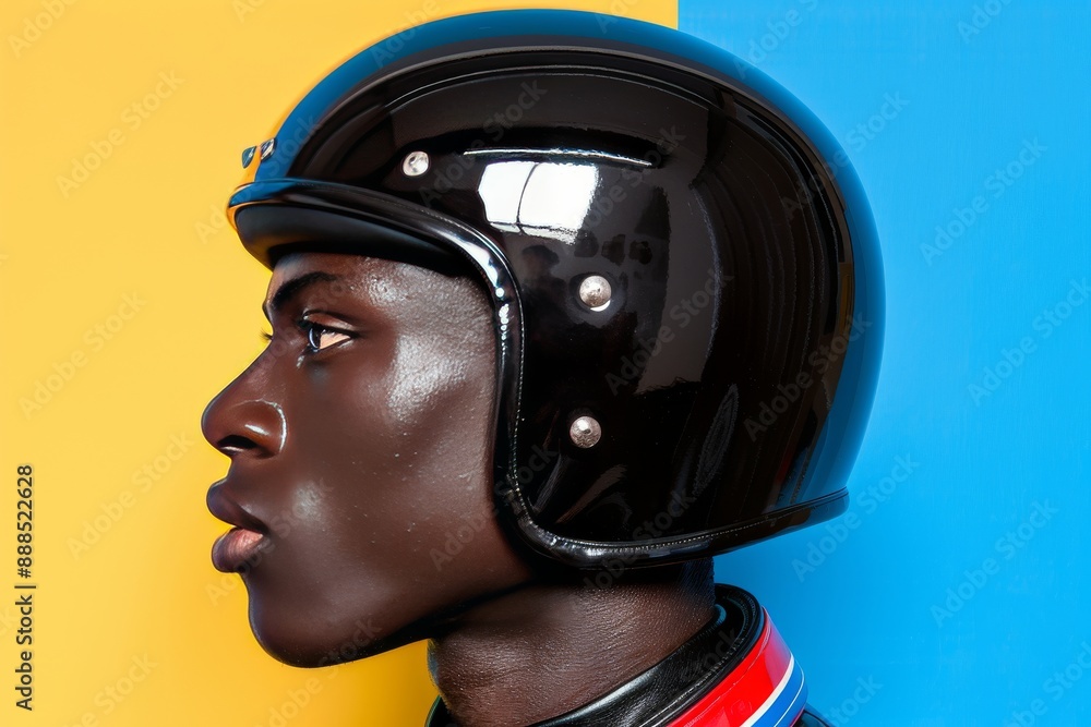 Aufkleber futuristic portrait of man in black helmet with yellow background creating a bold and hightech visua