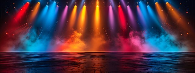  Banner background of an empty stage with colorful spotlights and copy space 