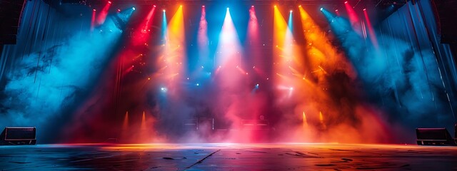 Banner background of an empty stage with colorful spotlights and copy space 