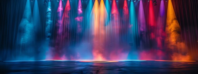 Obraz premium Banner background of an empty stage with colorful spotlights and copy space 