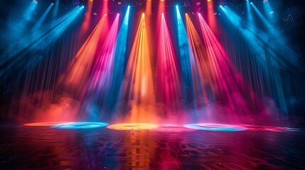  Banner background of an empty stage with colorful spotlights and copy space 