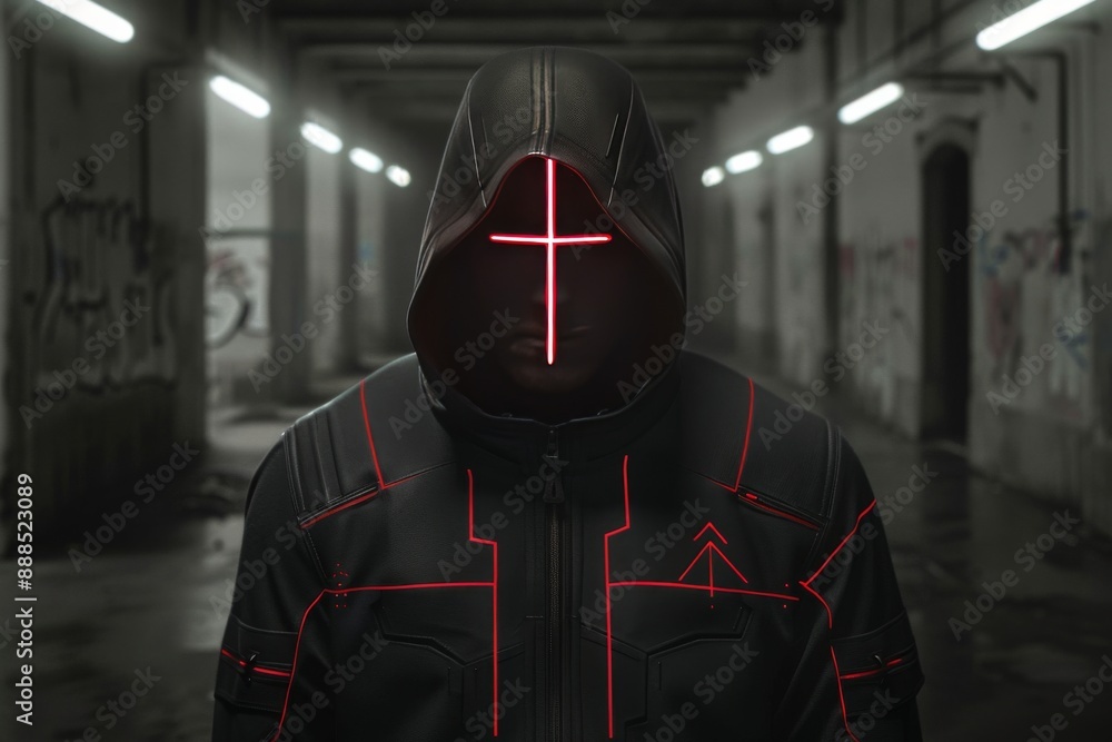 Aufkleber futuristic portrait of hooded figure with neon red cross creating a bold and mysterious visual in a 