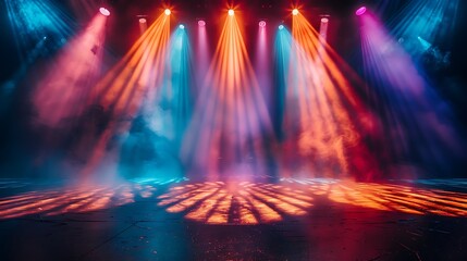 Naklejka premium Banner background of an empty stage with colorful spotlights and copy space 