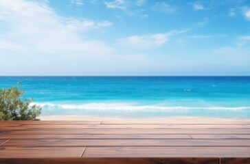 Fototapeta premium Wooden podium to present products with beach in the background. Minimalist and clean design in blue and wood. Mockup for branding, packaging