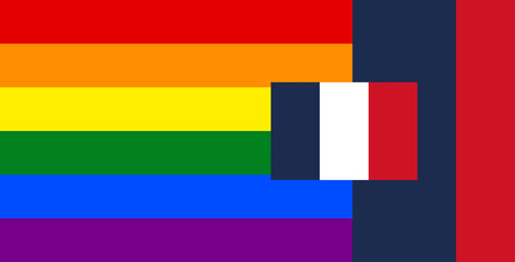 flag of France, french flag over Rainbow flag LGBT pride flag as a symbol of LGBT pride and LGBT social movements, background 