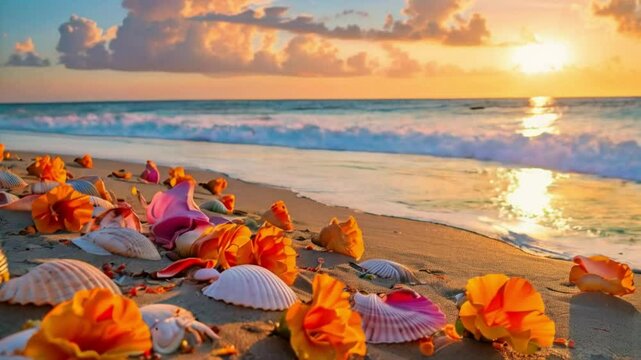 Bright flowers in vivid colors bloom on a sandy beach, their petals gently swaying in the ocean breeze