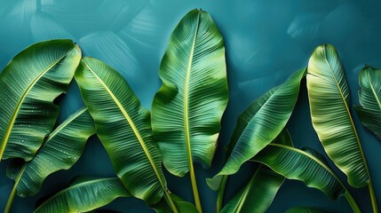 Obraz premium Banana leaves in closeup with fresh droplets, flat design, side view,, copy space for text