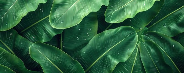 Banana leaves with dew drops, closeup, flat design, top view, tropical morning, 3D render, Splitcomplementary color scheme, copy space for text
