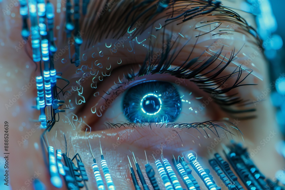 Aufkleber futuristic closeup of eye with digital elements creating a hightech and bold visual