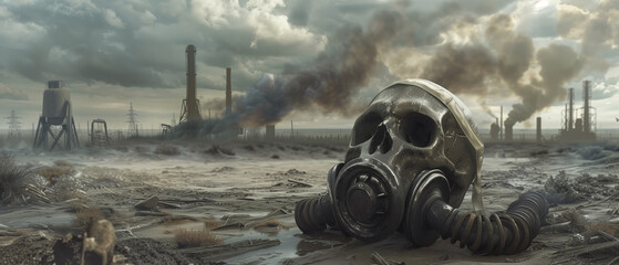 High detail gas masked skull in post-nuclear landscape, gas mask, post-apocalyptic, wasteland, radiation, doomsday