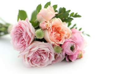 Fototapeta premium A bouquet of pink flowers with green leaves