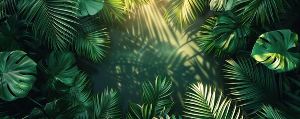 Palm foliage lit by sun with intricate shadows, flat design, top view, rainforest canopy, water color, Complementary Color Scheme, copy space for text